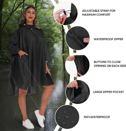 Miniatura 6 de PTEROMY Poncho de lluvia con capucha para adultos con bolsillo y cremallera, chubasquero impermeable ligero para hombres y mujeres