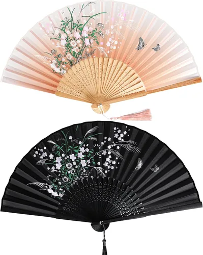 Miniatura 12 de Hotop 2 abanicos de mano plegables de seda con marcos de bambú para mujeres, color rosa y azul, portátil, artesanías chinas para bailar, accesorios