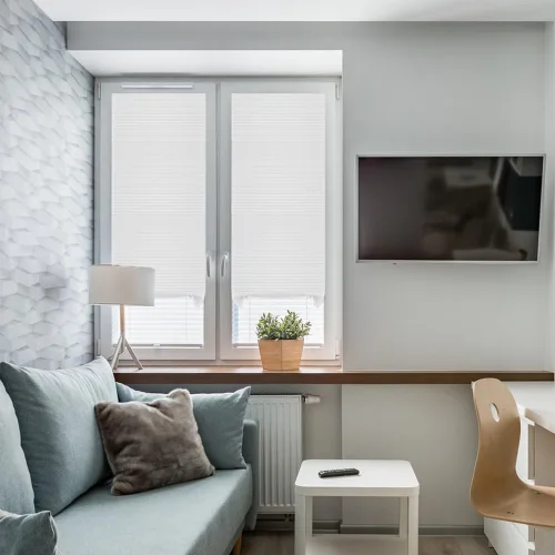 Miniatura 3 de Paquete de 2 persianas temporales para ventana, persianas plisadas autoadhesivas sin cordón, persianas de tela para oscurecer la habitación, Blanco