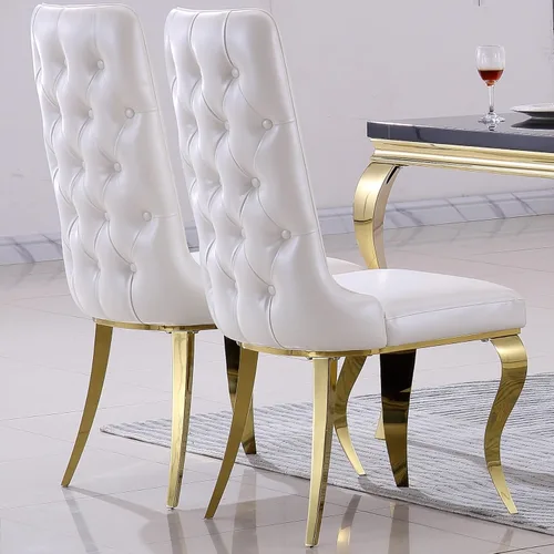 Miniatura 3 de AUZ Sillas de comedor blancas y doradas, sillas tapizadas de piel sintética blanca con respaldo copetudo y patas curvadas de acero inoxidable