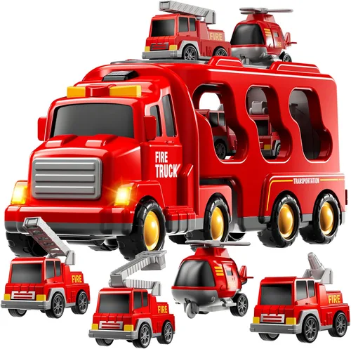 Camiones de Bomberos de Juguete para Niños Pequeños de 1-3, 3-5, Conjunto de Vehículos Transportadores de Carros de Bomberos 5 en 1 para Niñas de 1