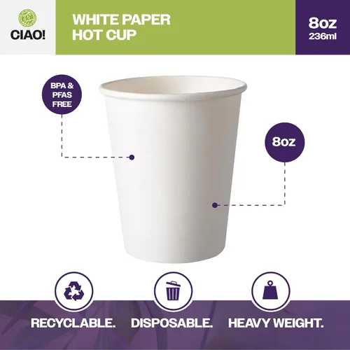 Miniatura 2 de CIAO! Vaso de papel desechable para bebidas calientes de 8oz, blanco, diámetro de 80mm, 1,000