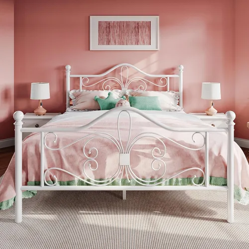 Miniatura 8 de SHA CERLIN Marco de Cama Tamaño Twin para Niños, Marco de Cama de Metal con Cabecero y Pie de Cama de Diseño de Patrón de Mariposa, No Necesita Rosa