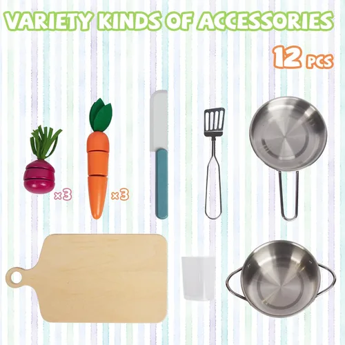 Miniatura 5 de Juego de cocina para niños de 3 a 8 años, cocina de madera con accesorios de cocina y alimentos de corte, incluyendo horno, estufa, grifo
