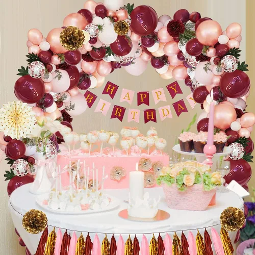 Miniatura 6 de Decoraciones de cumpleaños para mujer, decoraciones de fiesta de cumpleaños rosa con globos blancos, pancarta de feliz cumpleaños para despedida