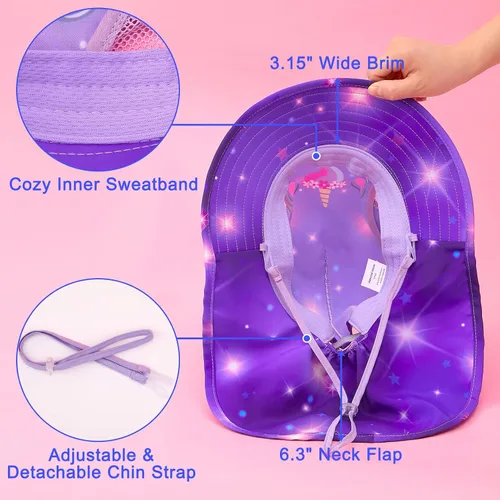 Miniatura 69 de Sombrero de sol para niños, protección UV, unicornio, verano, playa, jugar con ala ancha, solapa para el cuello para niñas y niños