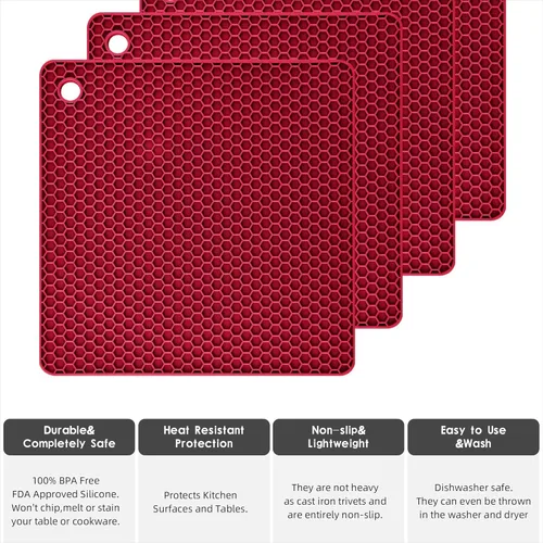 Miniatura 3 de Salvamanteles de silicona para platos calientes, ollas y sartenes, almohadillas calientes para cocina, soportes de silicona roja Merlot para cocina