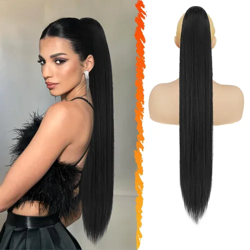 Miniatura 37 de BARSDAR Extensión de cola de caballo corta y recta - Extensiones de pelo con cordón de 16 pulgadas, rubio para mujeres - Extensiones de pelo Rubio