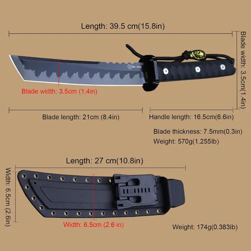 Miniatura 9 de BA-KOR Cuchillo para exteriores de estilo japonés de espiga completa de 15.8 pulgadas – acero DC53 de 8mm, mango y funda de fibra de nailon
