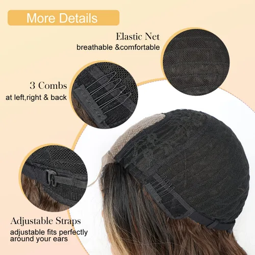 Miniatura 5 de Halcyon - Peluca sintética ondulada de 26 pulgadas, parte central natural, reflejos marrones 3-row hand-tied parting for realistic scalp