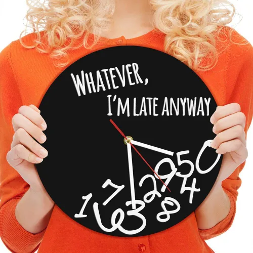 Miniatura 2 de The Geeky Days Whatever I'm Late Anyway - Reloj de pared negro moderno inglés con letra y hora, reloj personalizado con lo que sea icónico, reloj