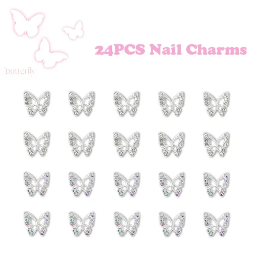 Miniatura 6 de 24 dijes de mariposa para arte de uñas, aleación 3D, plateados, con diamantes de imitación, suministros de arte de uñas, gemas de uñas brillantes