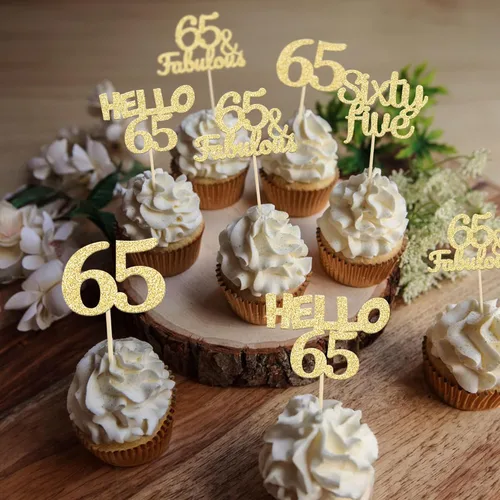 Miniatura 4 de Gyufise 24 adornos dorados para cupcakes de cumpleaños 65 Hello 65 Sixty Five Cake Toppers 65 y fabulosas selecciones para cupcakes para cumpleaños