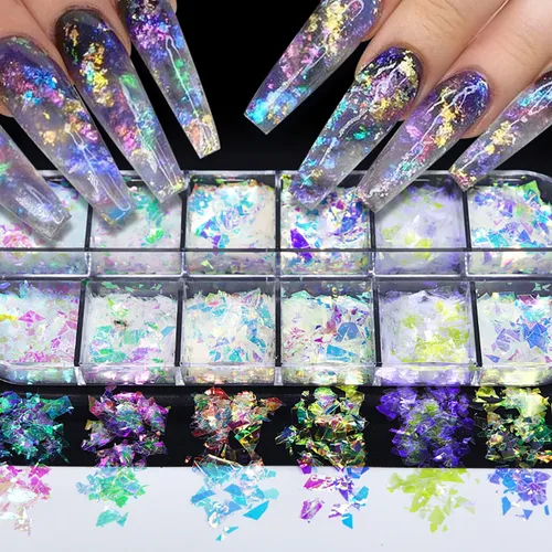 Miniatura 10 de 12 rejillas de lentejuelas de uñas con purpurina, lentejuelas de uñas de acrílico 3D holográficas, copos de uñas de sirena irregulares, lentejuelas