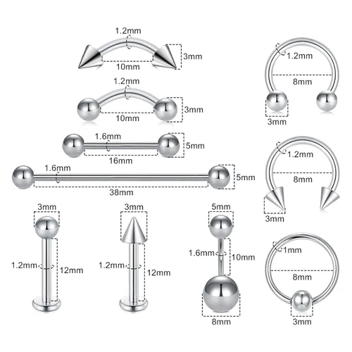 Miniatura 2 de JIESIBAO Juego de 66-113 piercings mixtos para todos los piercings de acero inoxidable 14G 16G 18G 20G nariz tabique cartílago tragus, aretes
