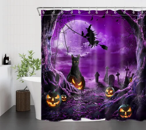 Miniatura 18 de LB Cortina de ducha espeluznante de Halloween, árbol muerto espeluznante con tela de araña de murciélago, cortina de ducha de baño con temática
