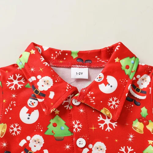 Miniatura 4 de JEELLIGULAR Conjunto de pantalones cortos y camisa con botones y estampado de Papá Noel para niños pequeños