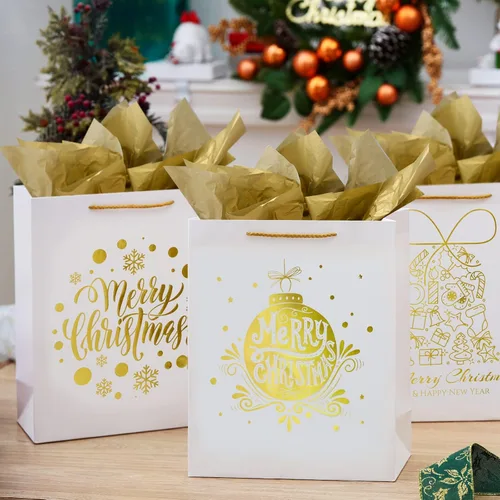 Miniatura 2 de UNIQOOO 12 bolsas de regalo grandes de papel de aluminio dorado blanco y metálico, 4 diseños surtidos de copos de nieve de árbol de Navidad
