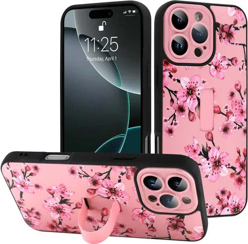 Miniatura 51 de Funda diseñada para iPhone 17 Pro Max con soporte plegable y correa para dedos, bonito patrón de lazo de corazón de flor rosa para mujeres y niñas