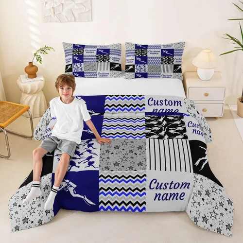 Miniatura 21 de Juego de edredón de softbol personalizado, juego de ropa de cama de retazos a cuadros para niños y niños, edredón de bate de béisbol, juego