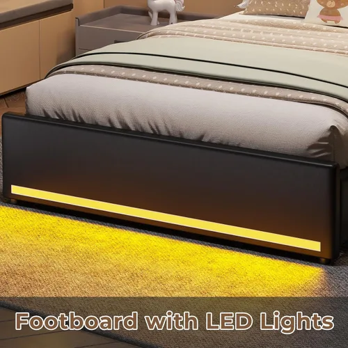 Miniatura 8 de HAUOMS Cama Twin con Cabecera de 3 Niveles y Almacenamiento Oculto, Marco LED Tapizado con 4 Cajones y Estación de Carga, Cama de Plataforma de Pu