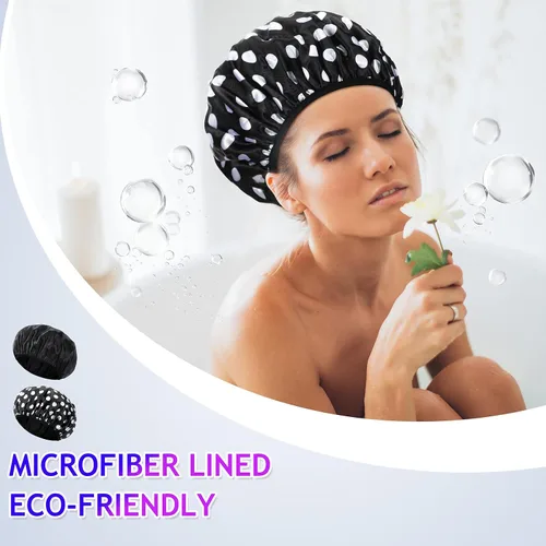 Miniatura 5 de Geyoga 2 gorros de ducha con forro de rizo para mujer, sombrero de baño grande de triple capa con función de microfibra de cabello seco, gorro