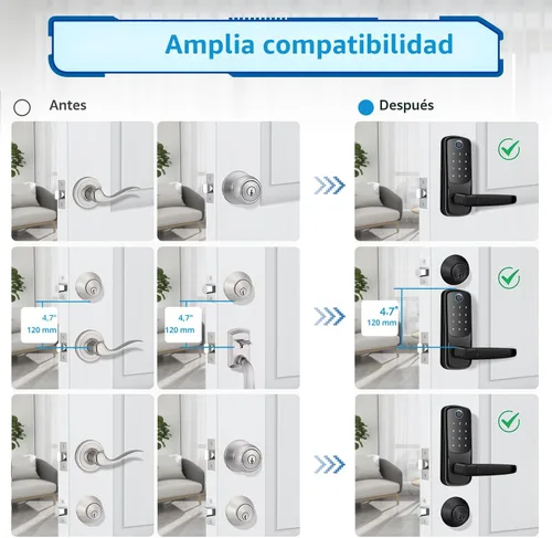 Miniatura 5 de Cerradura de puerta inteligente con asa, cerradura digital de entrada sin llave para puerta delantera/interior, cerraduras exteriores de huellas