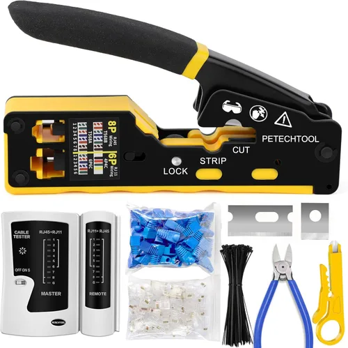 Miniatura 7 de Kit de herramientas de crimpado RJ45, herramienta de crimpado Ethernet, cortador de pelacables para conectores Cat5e Cat6 Cat6a Pass Thrugh con 10