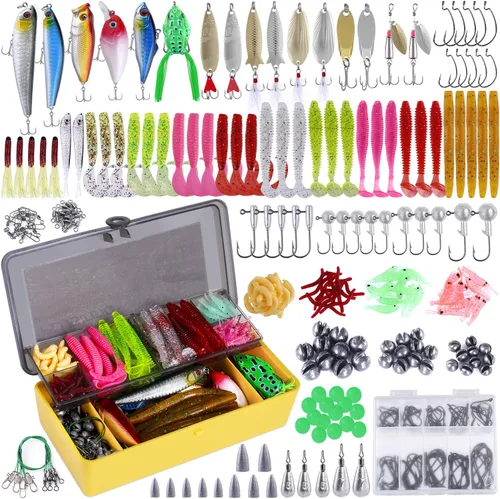 PLUSINNO Señuelos de pesca, cebo que incluye crankbaits, spinnerbaits, gusanos de plástico, plantillas, señuelos de agua superior, caja de aparejos