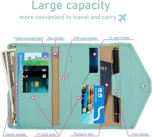 Miniatura 3 de Billetera de viaje multiusos, con bloqueo RFID, soporte para pasaporte, organizador de documentos, funda para pasaporte, tarjeta de crédito, Verde