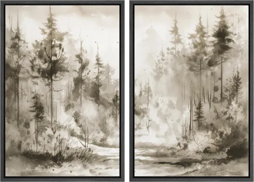 Miniatura 32 de MUDECOR Lienzo enmarcado para pared, bosque brumoso, reflejos, paisaje tranquilo, ilustraciones modernas, arte decorativo, bohemio, tranquilo/zen