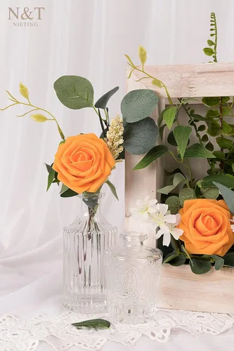 Miniatura 194 de N&T NIETING Flores artificiales, rosas artificiales de color rosa intenso, 50 piezas de flores falsas con tallo para ramos de boda DIY, centros