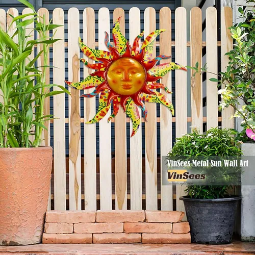 Miniatura 2 de Decoración de pared de sol de metal de 19 pulgadas, decoración de pared de sol de metal 3D de doble capa y vidrio para exteriores e interiores