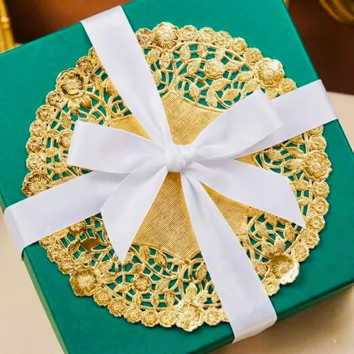 Miniatura 2 de Hojas decorativas de encaje de papel metálico de 8 pulgadas, elegantes, resistentes y desechables, ideales para presentación de alimentos y uso