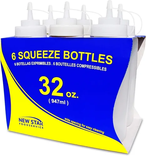 Miniatura 11 de Botellas compresibles New Star Foodservice 26528, de plástico, con tapa y escala, boca ancha, de 16 oz, amarillas, paquete de 6 unidades Amarillo