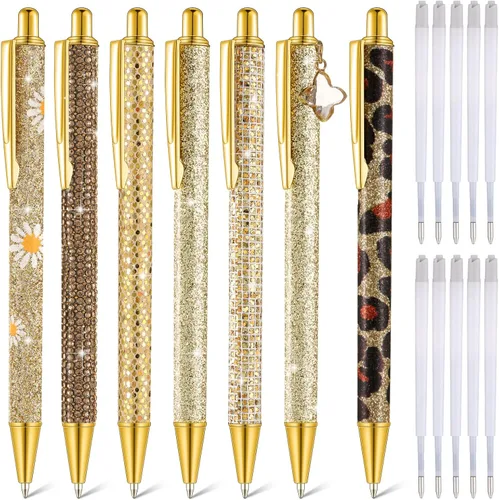 Miniatura 8 de Sherr 7 bolígrafos elegantes para mujer, lindos bolígrafos de purpurina brillantes con 10 recambios de tinta negra, bonitos regalos para niñas