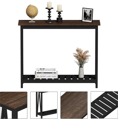 Miniatura 6 de ChooChoo Mesa de Consola para Entrada, Mesas de Sofá para Sala de Estar Estilo Granja, Mesa Estrecha para Pasillo y Vestíbulo con Estante, Negro