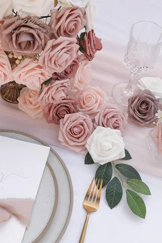 Miniatura 4 de Floroom Flores artificiales, 25 piezas de rosas falsas de espuma de aspecto real con tallos para ramos de boda, centros de mesa de despedida