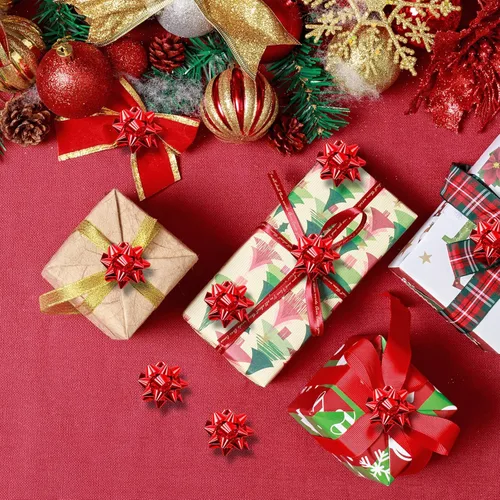 Miniatura 5 de Iceyyyy 100 mini lazos, lazos de regalo de estrella metálica roja de 1 pulgada, pequeños lazos adhesivos para decoración de fiestas de Navidad