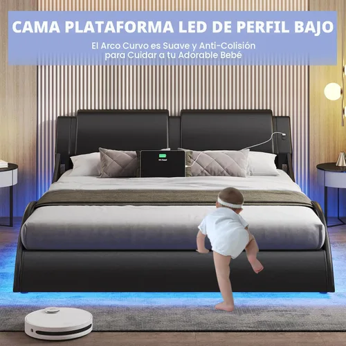 Miniatura 3 de DICTAC - Marco de cama Queen con luces LED y puertos de carga, cama moderna tapizada tamaño Queen con cabecera, marco de cama de plataforma
