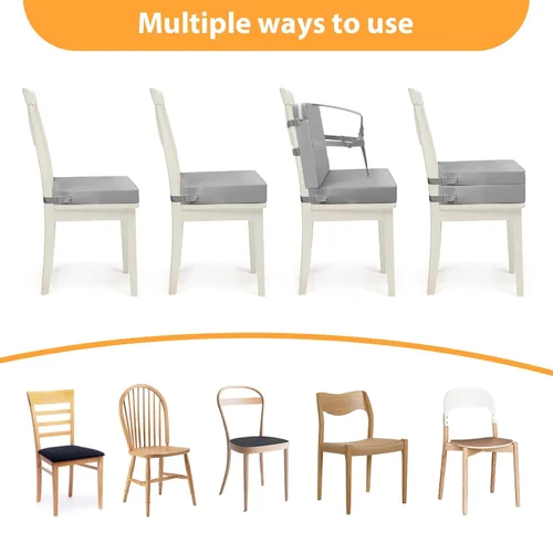 Miniatura 6 de Asiento elevador para mesa de comedor para niños pequeños, hebilla de 5 puntos, asiento elevador para mesa con respaldo, PU impermeable, fácil Gris