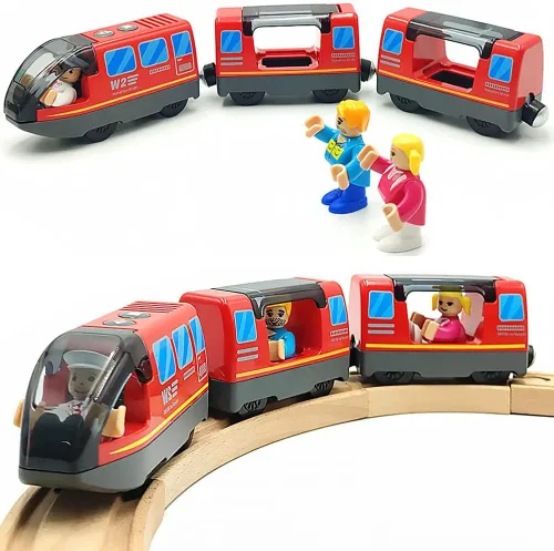 Miniatura 8 de TOPLIVING Tren motorizado para pista de madera, juego de 3 piezas de juguetes de tren para niños de 3, 4, 5 años, tren a batería compatible