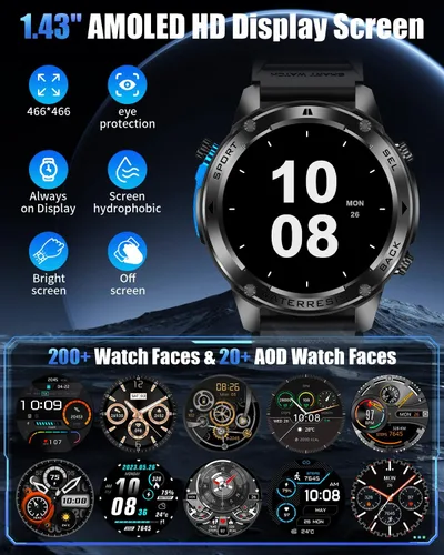 Miniatura 4 de Military Smart Watch for Men with GPS, 1.43" AMOLED Smart Watch with Bluetooth Call, 5ATM Waterproof, 170+ Sports Modes, 700mAh Heart Black