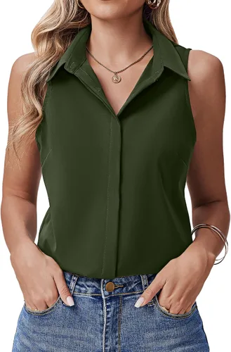 Miniatura 17 de HOTOUCH Camisas sin mangas con botones ocultos para mujer, frente con botones ocultos, cuello, blusas casuales elegantes holgadas para oficina