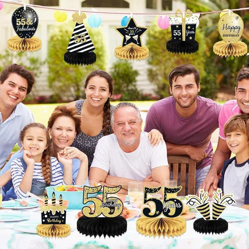 Miniatura 6 de 9 piezas de decoración de cumpleaños número 55 para centros de mesa de cumpleaños 55 para decoración de mesas, decoraciones de nido de abeja de 55
