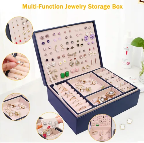 Miniatura 4 de Caja organizadora de joyas cajas de joyería grandes de piel sintética collares anillos aretes organizador de almacenamiento pantalla de doble capa