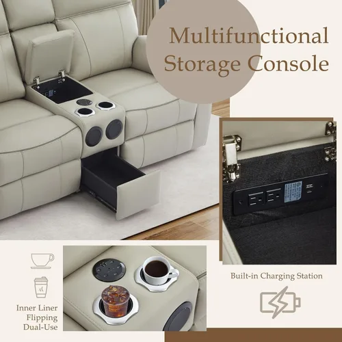 Miniatura 5 de Sofá biplaza reclinable eléctrico con luz de lectura LED, cajón de almacenamiento, altavoces Bluetooth, sofá reclinable de pared con enchufes