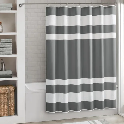 Miniatura 35 de Madison Park Cortina de ducha de tejido waffle con diseño a rayas en piezas, cortina de ducha de tela para baño con gestión de humedad 3M Rayas Taupe