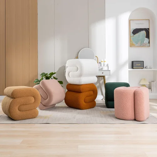 Miniatura 7 de Taburete otomano de maquillaje moderno en forma de S de tela de peluche, reposapiés debajo del escritorio, asiento adicional tapizado para sala