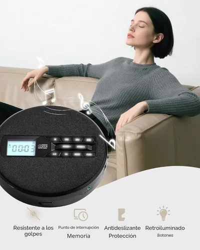 Miniatura 3 de Reproductor de CD portátil con altavoces, reproductor de CD personal recargable para automóvil y hogar, pequeño reproductor de música de tela